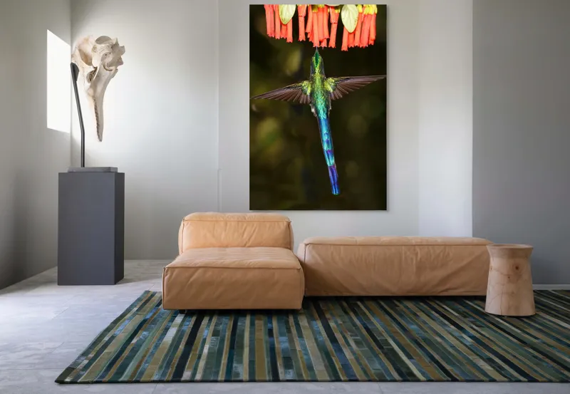Tablou Canvas, "Colibri în zbor spre flori roșii", Zbor, Colibri, Nectar, Verde, Aripi, Flori, Sclipire, Natură, Delicatețe, Viteză, 100 x 150 cm – poza 7