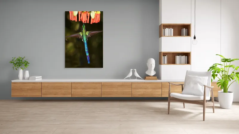 Tablou Canvas, "Colibri în zbor spre flori roșii", Zbor, Colibri, Nectar, Verde, Aripi, Flori, Sclipire, Natură, Delicatețe, Viteză, 100 x 150 cm – poza 8