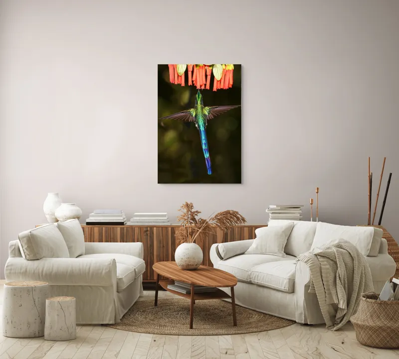 Tablou Canvas, "Colibri în zbor spre flori roșii", Zbor, Colibri, Nectar, Verde, Aripi, Flori, Sclipire, Natură, Delicatețe, Viteză, 70 x 100 cm – poza 4