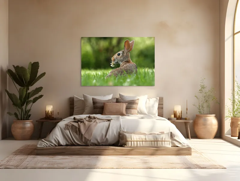 Tablou Canvas, "Iepurele visător cu floare albă", Iepure, Iarbă, Trifoi, Urechi, Natură, Verde, Blană, Relaxare, Privește, Primăvară, 150 x 100 cm – poza 4