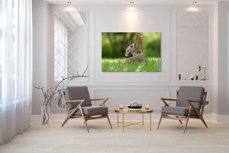Tablou Canvas, "Iepurele visător cu floare albă", Iepure, Iarbă, Trifoi, Urechi, Natură, Verde, Blană, Relaxare, Privește, Primăvară, 150 x 100 cm – poza 7