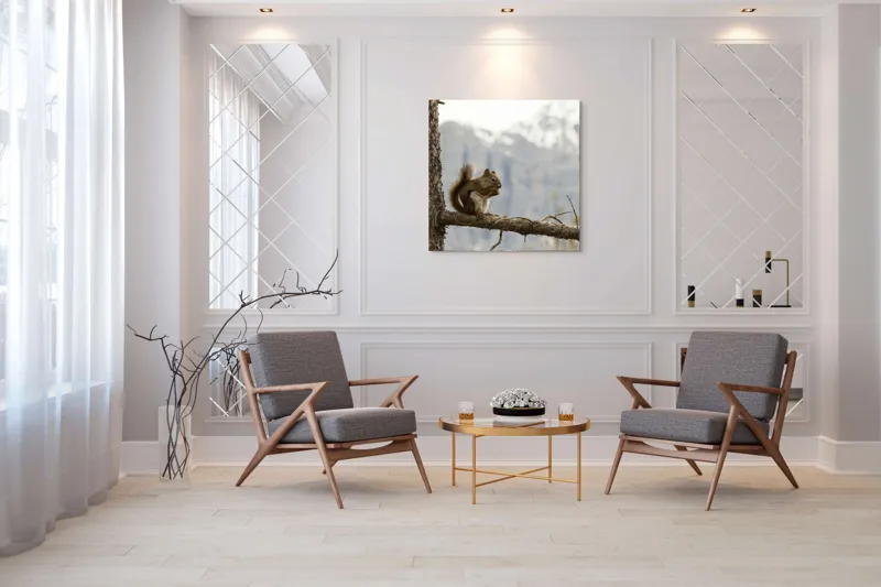 Tablou Canvas, "Veverița pe creanga muntelui pitoresc", Veveriță, Copac, Ramură, Mâncare, Blană, Natură, Fundal, Munți, Zăpadă, Curiozitate, 100 x 100 cm – poza 7