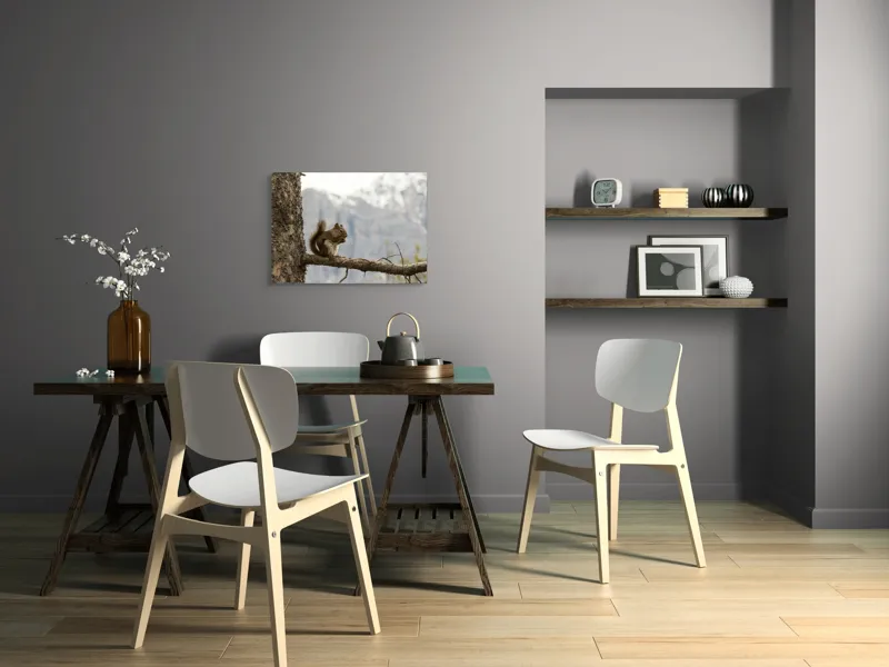 Tablou Canvas, "Veverița pe creanga muntelui pitoresc", Veveriță, Copac, Ramură, Mâncare, Blană, Natură, Fundal, Munți, Zăpadă, Curiozitate, 70 x 50 cm – poza 5