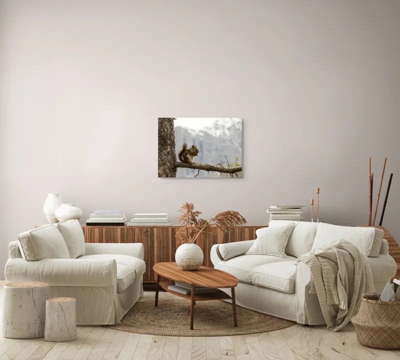 Tablou Canvas, "Veverița pe creanga muntelui pitoresc", Veveriță, Copac, Ramură, Mâncare, Blană, Natură, Fundal, Munți, Zăpadă, Curiozitate, 70 x 50 cm – poza 6