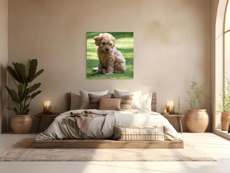 Tablou Canvas, "Cățelușul buclat pe iarbă verde", Cățeluș, Blănos, Drăguț, Jucăuș, Curios, Pufos, Grădină, Verde, Luminos, Încântător, 100 x 100 cm – poza 4