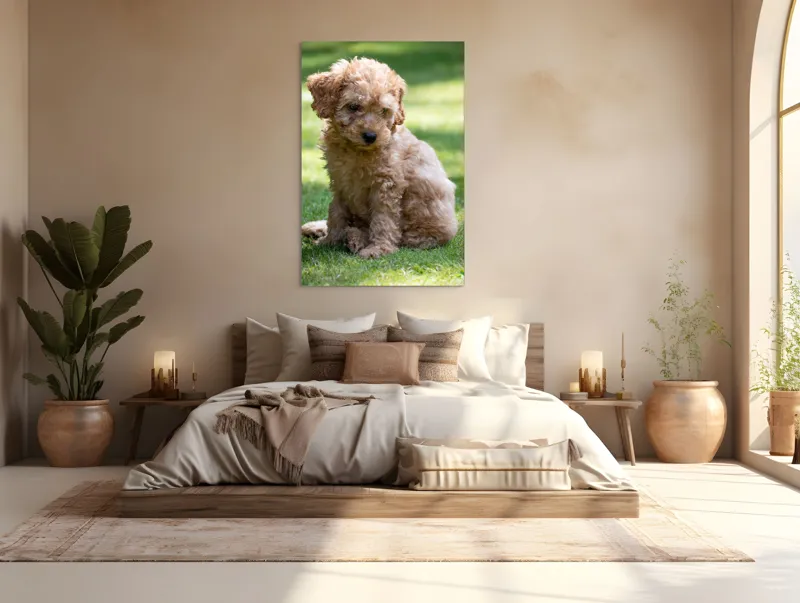 Tablou Canvas, "Cățelușul buclat pe iarbă verde", Cățeluș, Blănos, Drăguț, Jucăuș, Curios, Pufos, Grădină, Verde, Luminos, Încântător, 100 x 150 cm – poza 3