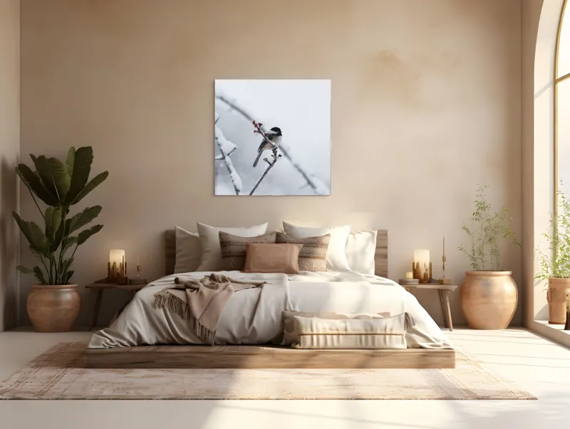Tablou Canvas, "Micul oaspete pe ramura înghețată", Pasăre, Iarnă, Ramură, Zăpadă, Cer Gri, Frig, Natură, Izolare, Simplitate, Percepție, 100 x 100 cm – poza 4