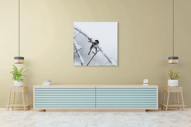 Tablou Canvas, "Micul oaspete pe ramura înghețată", Pasăre, Iarnă, Ramură, Zăpadă, Cer Gri, Frig, Natură, Izolare, Simplitate, Percepție, 100 x 100 cm – poza 5