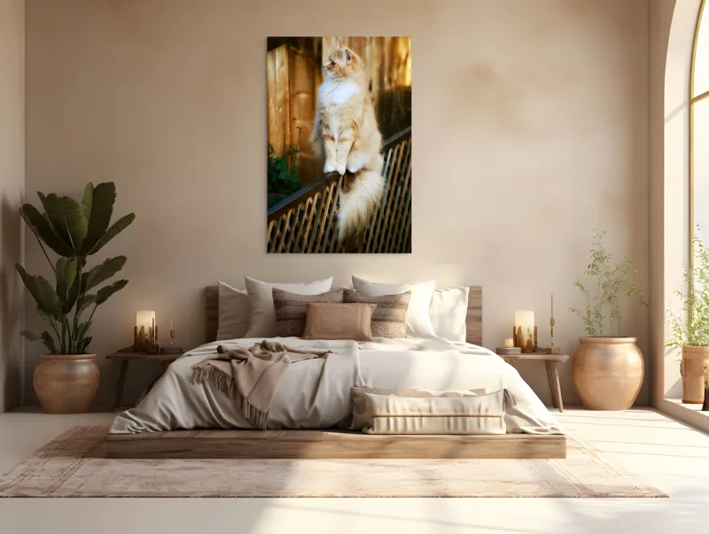 Tablou Canvas, "Pisica pufoasă pe gard iluminat", Pisică, Blană, Pufos, Gard, Lemn, Verdeață, Coadă, Privire, Agilitate, Blând., 100 x 150 cm – poza 3