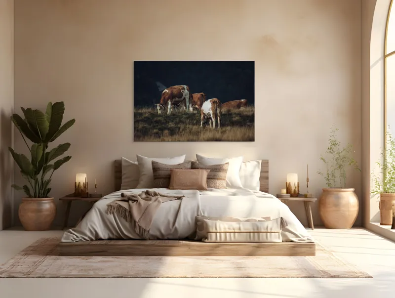 Tablou Canvas, "tăcerea câmpului la sfârșitul verii", Vaci, Pajiște, Apus, Natură, Tranquilitate, 150 x 100 cm – poza 4