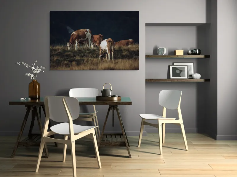 Tablou Canvas, "tăcerea câmpului la sfârșitul verii", Vaci, Pajiște, Apus, Natură, Tranquilitate, 150 x 100 cm – poza 5