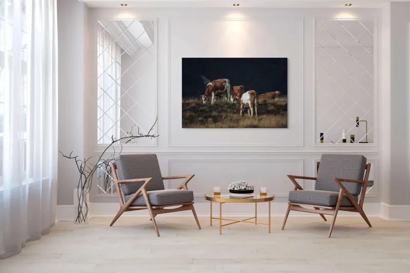 Tablou Canvas, "tăcerea câmpului la sfârșitul verii", Vaci, Pajiște, Apus, Natură, Tranquilitate, 150 x 100 cm – poza 7