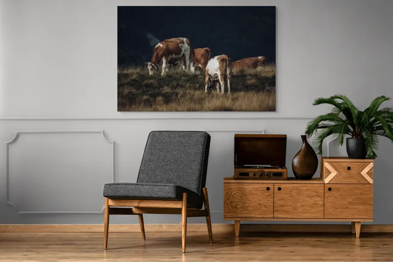 Tablou Canvas, "tăcerea câmpului la sfârșitul verii", Vaci, Pajiște, Apus, Natură, Tranquilitate, 150 x 100 cm – poza 8