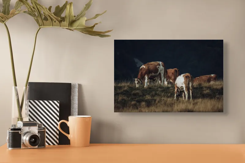 Tablou Canvas, "tăcerea câmpului la sfârșitul verii", Vaci, Pajiște, Apus, Natură, Tranquilitate, 39 x 26 cm – poza 3