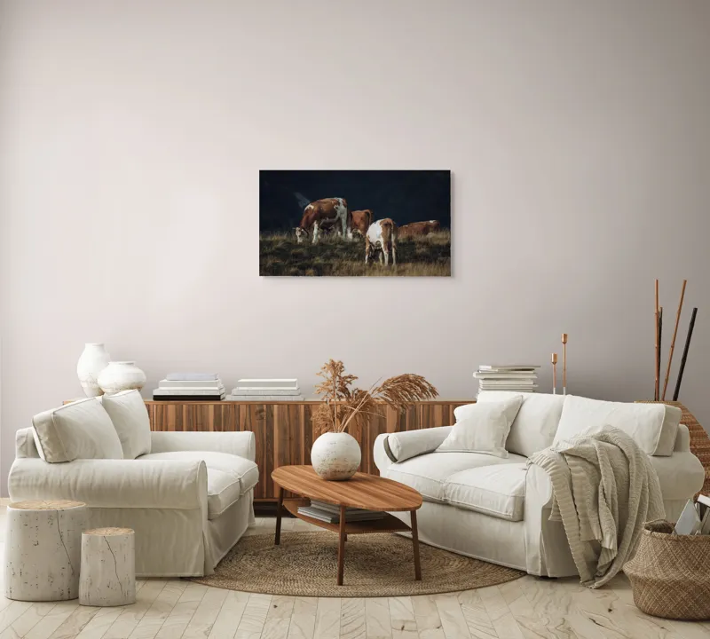 Tablou Canvas, "tăcerea câmpului la sfârșitul verii", Vaci, Pajiște, Apus, Natură, Tranquilitate, 90 x 50 cm – poza 4