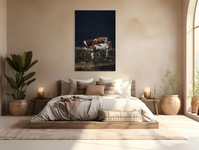 Tablou Canvas, "Vaci pașnice pe pășune montană", Vaci, Pășune, Verdeață, Apus, Natură, Serele, Coline, Tranquilitate, 100 x 150 cm – poza 3