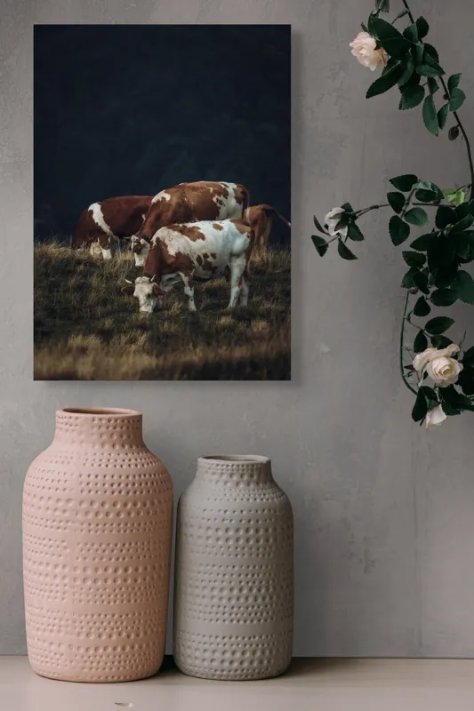 Tablou Canvas, "Vaci pașnice pe pășune montană", Vaci, Pășune, Verdeață, Apus, Natură, Serele, Coline, Tranquilitate, 39 x 54 cm – poza 6