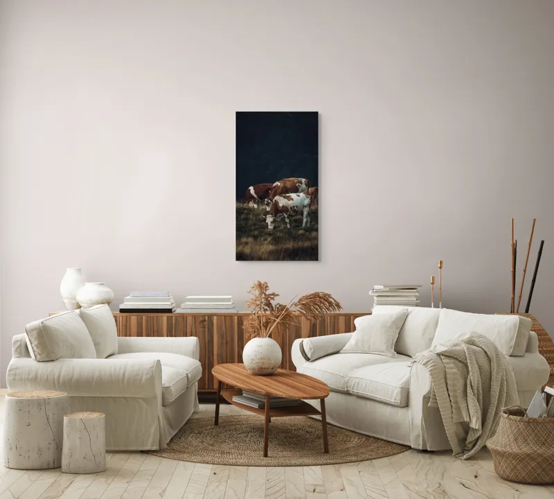 Tablou Canvas, "Vaci pașnice pe pășune montană", Vaci, Pășune, Verdeață, Apus, Natură, Serele, Coline, Tranquilitate, 50 x 90 cm – poza 7