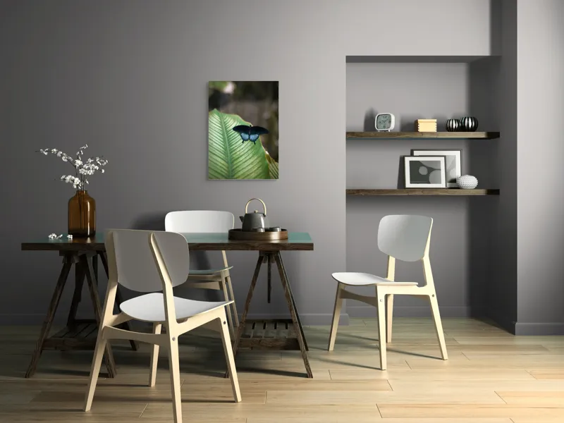 Tablou Canvas, "Fluture albastru odihnindu-se pe frunză", Fluture, Frunza, Verde, Natură, Delicat, Exotic, Contrast, Aripi, Eleganță, Lumină, 50 x 70 cm – poza 5