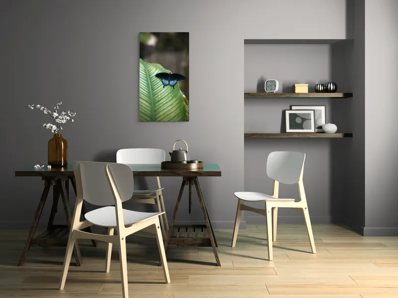 Tablou Canvas, "Fluture albastru odihnindu-se pe frunză", Fluture, Frunza, Verde, Natură, Delicat, Exotic, Contrast, Aripi, Eleganță, Lumină, 50 x 90 cm – poza 4