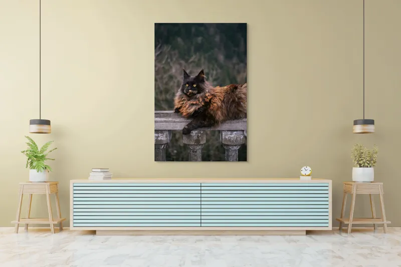 Tablou Canvas, "Pisica regală pe balustradă antică", Pisică, Blană, Regală, Privire, Peisaj, Pază, Balustradă, Vârful Muntelui, 100 x 150 cm – poza 4