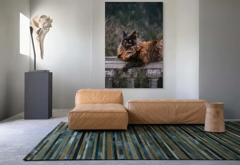 Tablou Canvas, "Pisica regală pe balustradă antică", Pisică, Blană, Regală, Privire, Peisaj, Pază, Balustradă, Vârful Muntelui, 100 x 150 cm – poza 7