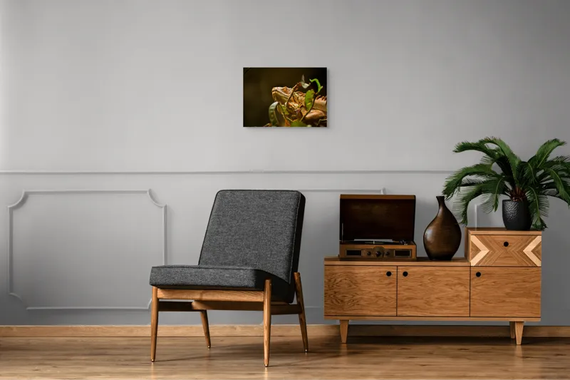Tablou Canvas, "Iguana printre frunze verzi și uscate", Iguana, Frunziș, Reptilă, Natură, Verde, Ochi, Solzi, Ramură, 54 x 39 cm – poza 7