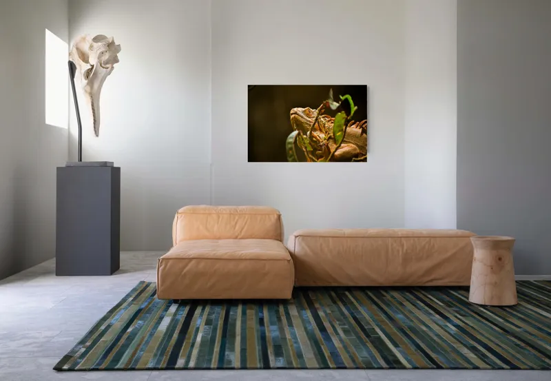 Tablou Canvas, "Iguana printre frunze verzi și uscate", Iguana, Frunziș, Reptilă, Natură, Verde, Ochi, Solzi, Ramură, 90 x 50 cm – poza 8