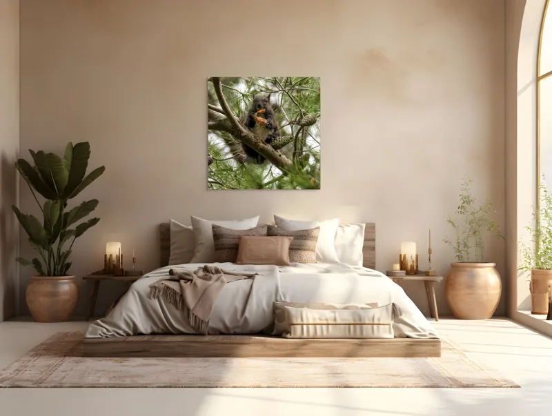 Tablou Canvas, "Veverița gurmandă în copac de pin", Nu pot să identific cine este în imagine., 100 x 100 cm – poza 4