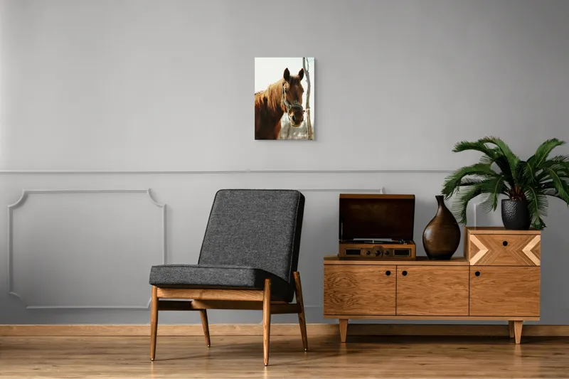 Tablou Canvas, "Calul viselor sub cer senin", Iată câteva cuvinte care descriu imaginea: Cal, Maro, Harnașament, Blană, Cer, Arbore, Natură, 39 x 54 cm – poza 8