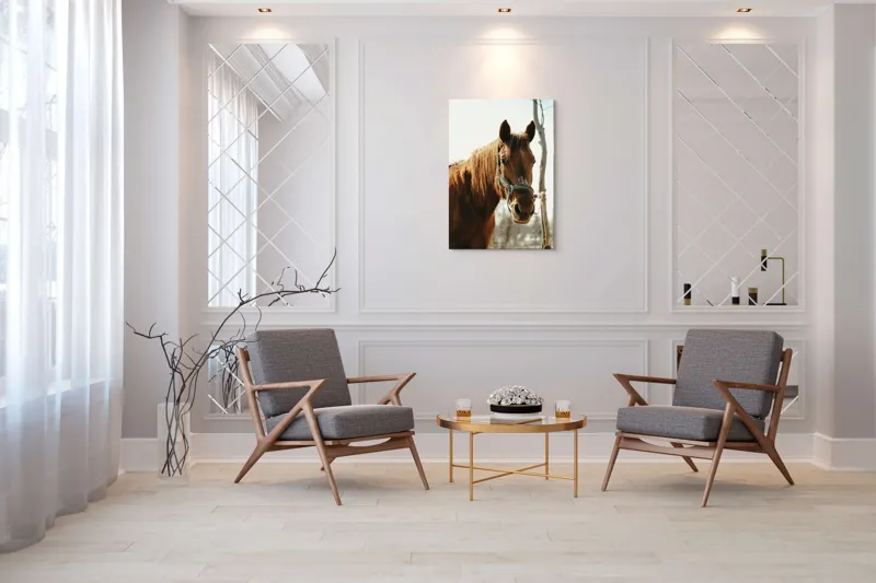 Tablou Canvas, "Calul viselor sub cer senin", Iată câteva cuvinte care descriu imaginea: Cal, Maro, Harnașament, Blană, Cer, Arbore, Natură, 70 x 100 cm – poza 8