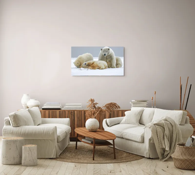 Tablou Canvas, "Urs polar cu pui pe gheață albă", Nu pot identifica sau recunoaște persoane sau animale în imagini., 90 x 50 cm – poza 4