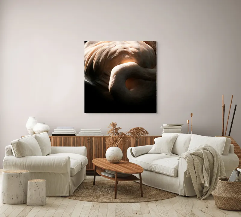 Tablou Canvas, "Flamingo în lumina blândă a soarelui", Flamingo, Eleganță, Lumină, Textură, Contrast, Încovoiat, Grație, Serenitate, 100 x 100 cm – poza 3