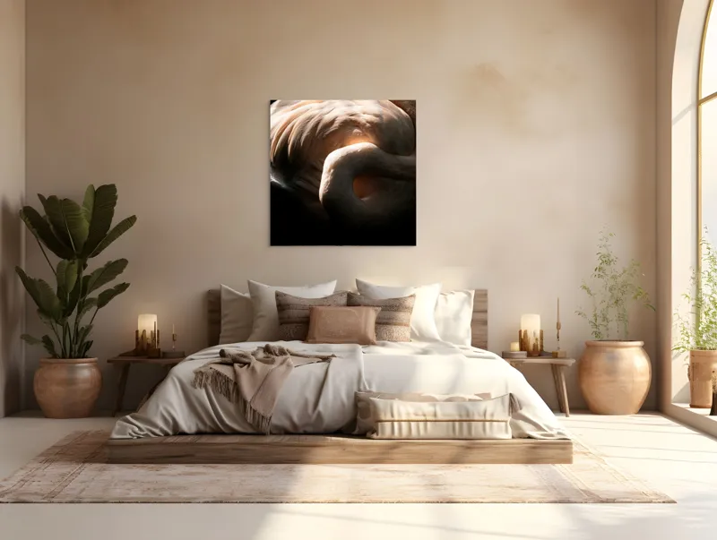 Tablou Canvas, "Flamingo în lumina blândă a soarelui", Flamingo, Eleganță, Lumină, Textură, Contrast, Încovoiat, Grație, Serenitate, 100 x 100 cm – poza 4