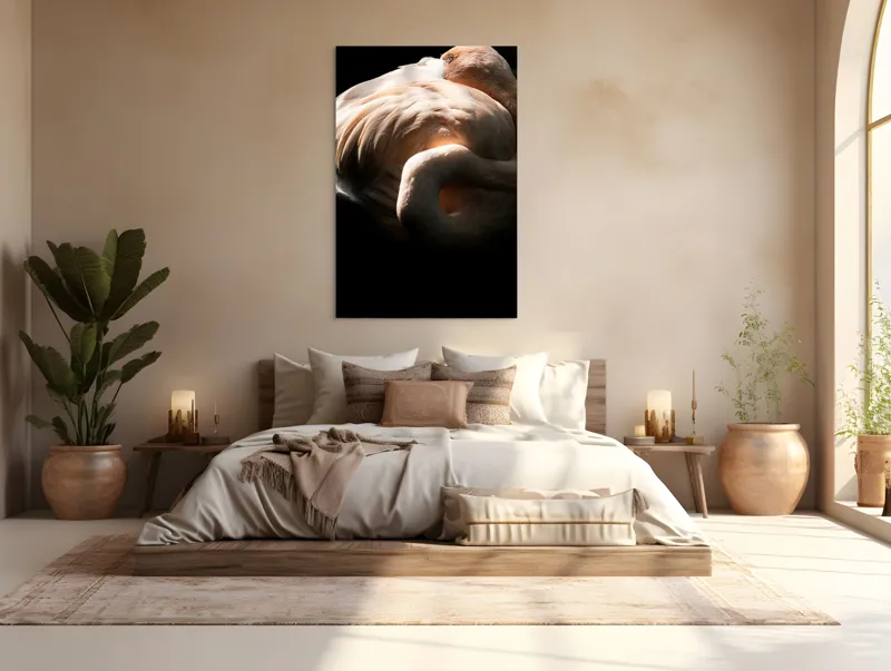 Tablou Canvas, "Flamingo în lumina blândă a soarelui", Flamingo, Eleganță, Lumină, Textură, Contrast, Încovoiat, Grație, Serenitate, 100 x 150 cm – poza 3