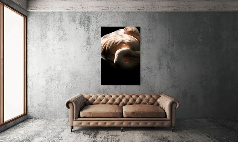 Tablou Canvas, "Flamingo în lumina blândă a soarelui", Flamingo, Eleganță, Lumină, Textură, Contrast, Încovoiat, Grație, Serenitate, 100 x 150 cm – poza 6