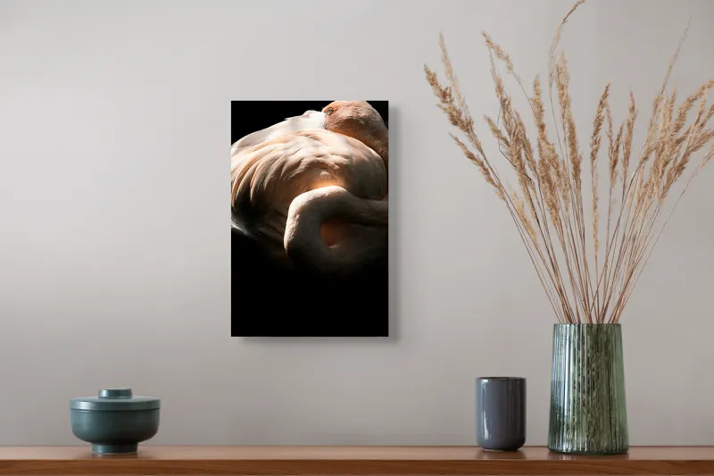 Tablou Canvas, "Flamingo în lumina blândă a soarelui", Flamingo, Eleganță, Lumină, Textură, Contrast, Încovoiat, Grație, Serenitate, 26 x 39 cm – poza 5