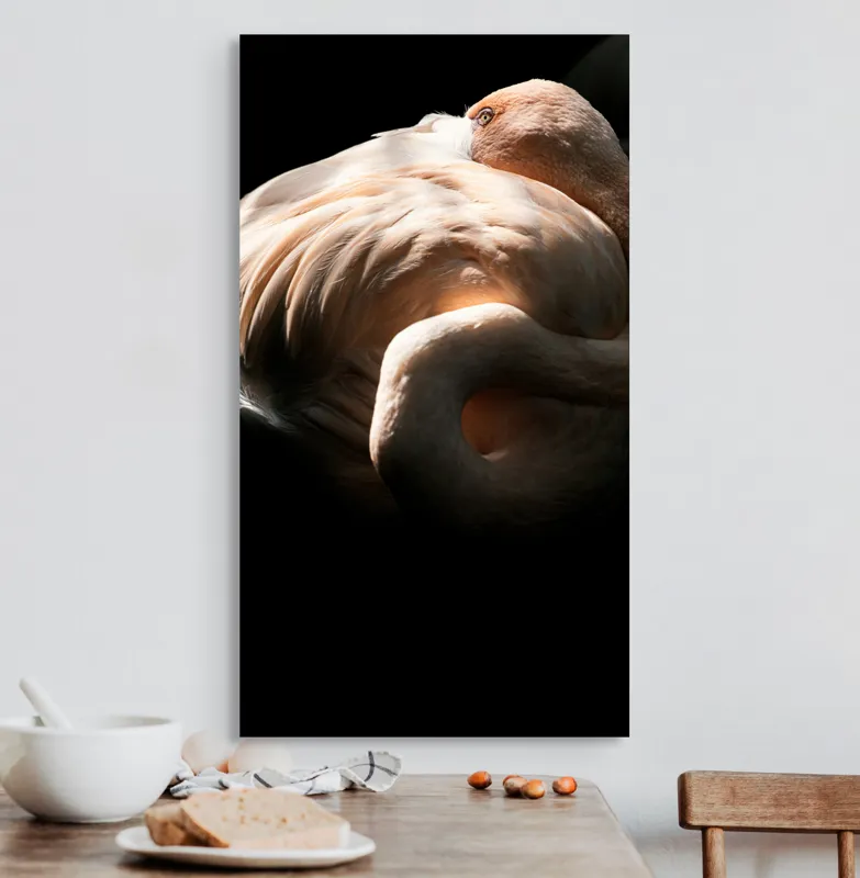 Tablou Canvas, "Flamingo în lumina blândă a soarelui", Flamingo, Eleganță, Lumină, Textură, Contrast, Încovoiat, Grație, Serenitate, 50 x 90 cm – poza 3