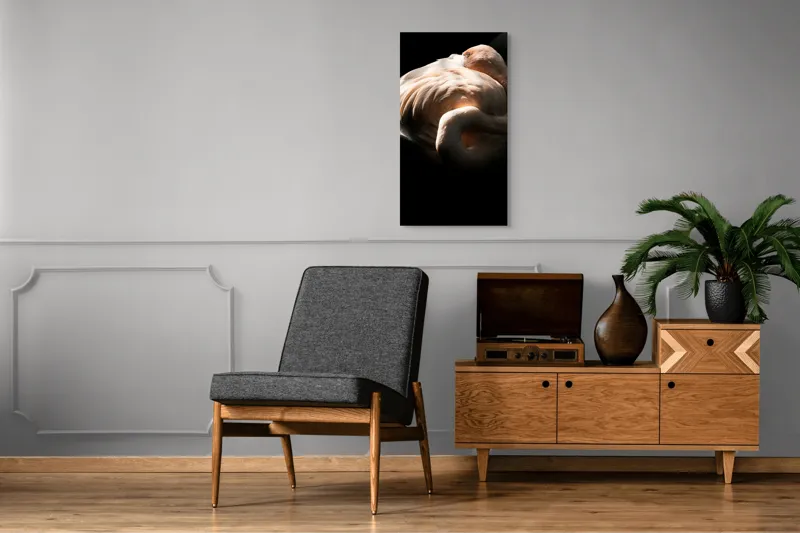 Tablou Canvas, "Flamingo în lumina blândă a soarelui", Flamingo, Eleganță, Lumină, Textură, Contrast, Încovoiat, Grație, Serenitate, 50 x 90 cm – poza 8