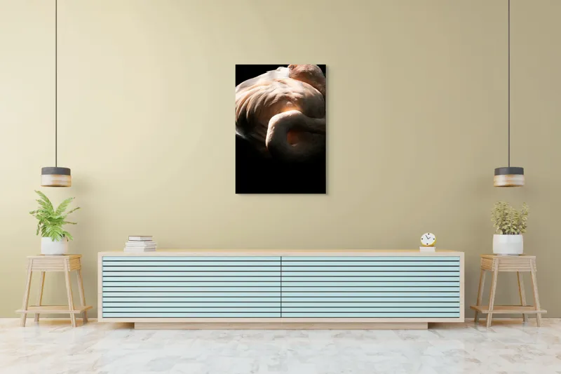 Tablou Canvas, "Flamingo în lumina blândă a soarelui", Flamingo, Eleganță, Lumină, Textură, Contrast, Încovoiat, Grație, Serenitate, 70 x 100 cm – poza 5