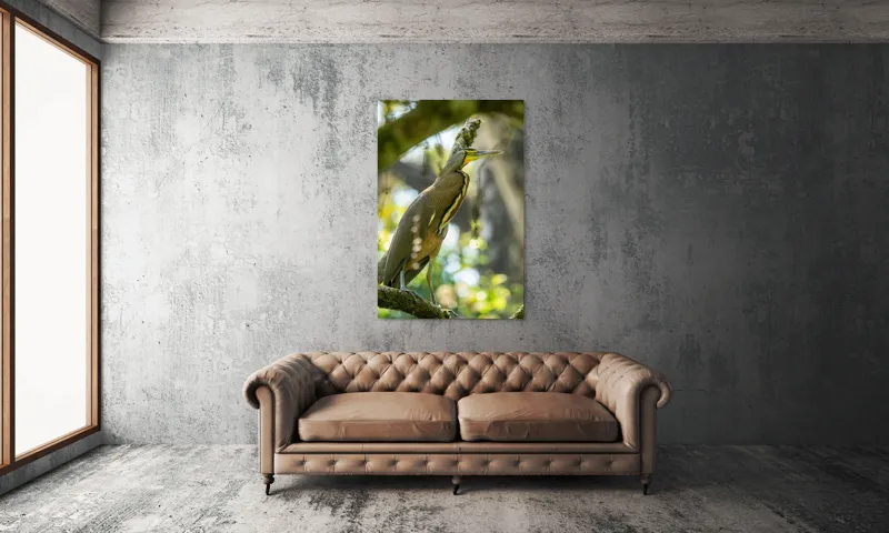 Tablou Canvas, "Pasărea contemplativă pe crengile verzi", Pasăre, Ramură, Pădure, Pană, Cioc, Frumusețe, Natură, Lumină, Verdeață, Serenitate, 100 x 150 cm – poza 6