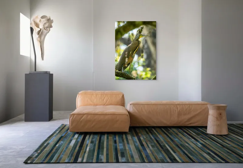 Tablou Canvas, "Pasărea contemplativă pe crengile verzi", Pasăre, Ramură, Pădure, Pană, Cioc, Frumusețe, Natură, Lumină, Verdeață, Serenitate, 70 x 100 cm – poza 7
