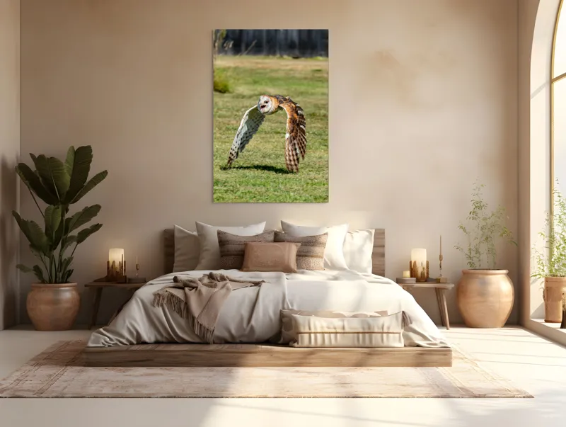 Tablou Canvas, "Bufnița în zbor deasupra pajiștii", Bufniță, Zbor, Pene, Iarbă, Viteză, Grație, Natură, Vânătoare, Eleganță, Libertate, 100 x 150 cm – poza 3