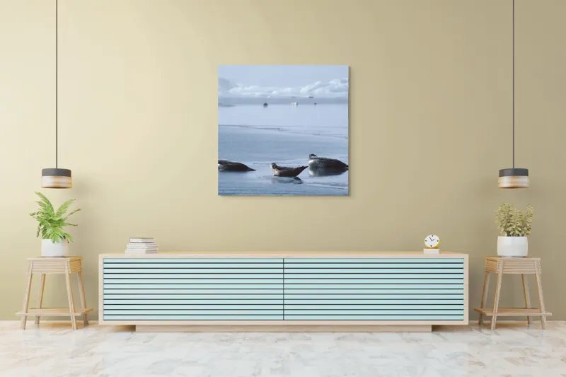 Tablou Canvas, "Foci odihnindu-se pe gheață albastră", Focă, Gheață, Ocean, Cer, Liniște, Natură, Relaxare, Albastru, Frig, Întindere, 100 x 100 cm – poza 5