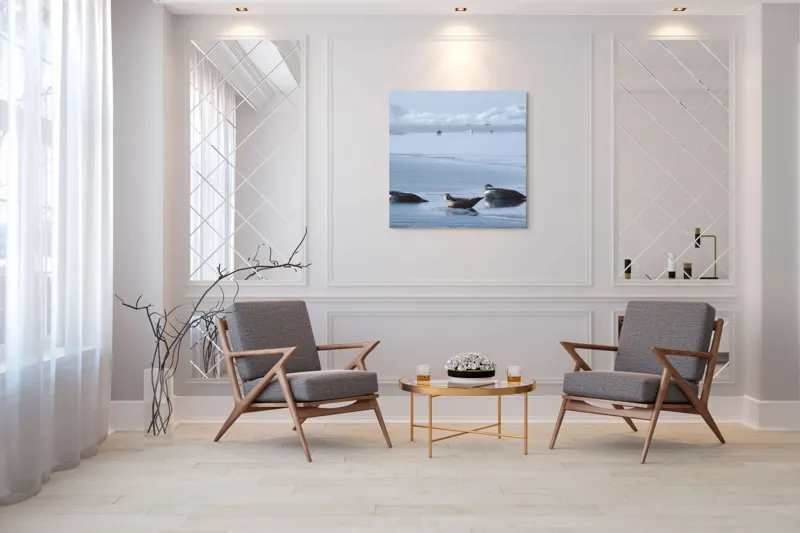 Tablou Canvas, "Foci odihnindu-se pe gheață albastră", Focă, Gheață, Ocean, Cer, Liniște, Natură, Relaxare, Albastru, Frig, Întindere, 100 x 100 cm – poza 7