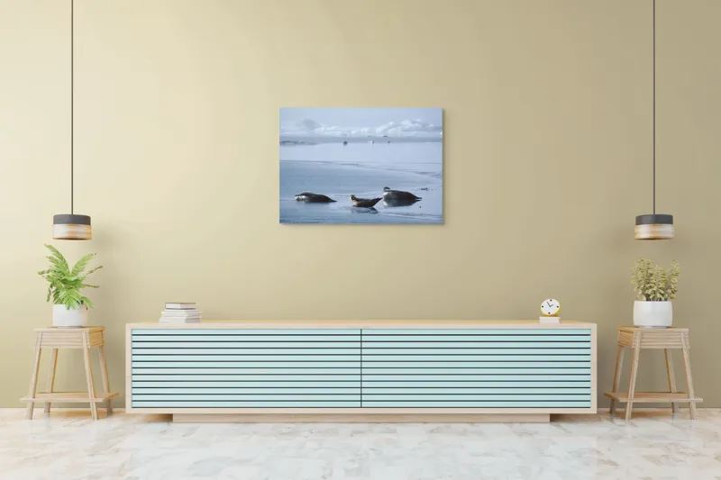 Tablou Canvas, "Foci odihnindu-se pe gheață albastră", Focă, Gheață, Ocean, Cer, Liniște, Natură, Relaxare, Albastru, Frig, Întindere, 100 x 70 cm – poza 4