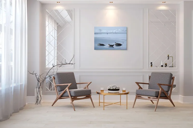 Tablou Canvas, "Foci odihnindu-se pe gheață albastră", Focă, Gheață, Ocean, Cer, Liniște, Natură, Relaxare, Albastru, Frig, Întindere, 100 x 70 cm – poza 5