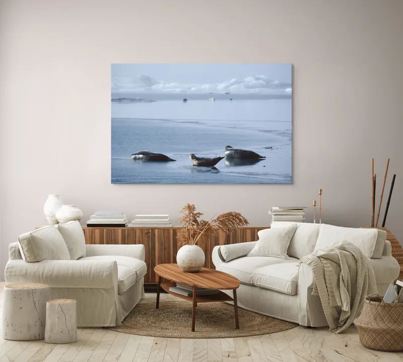 Tablou Canvas, "Foci odihnindu-se pe gheață albastră", Focă, Gheață, Ocean, Cer, Liniște, Natură, Relaxare, Albastru, Frig, Întindere, 150 x 100 cm – poza 3