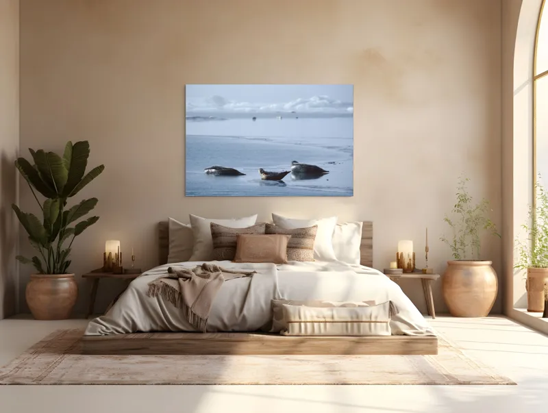 Tablou Canvas, "Foci odihnindu-se pe gheață albastră", Focă, Gheață, Ocean, Cer, Liniște, Natură, Relaxare, Albastru, Frig, Întindere, 150 x 100 cm – poza 4