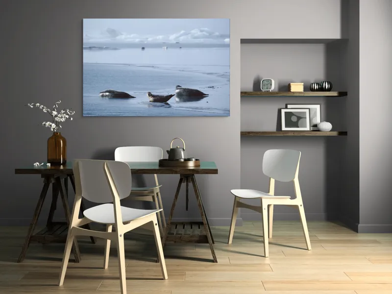 Tablou Canvas, "Foci odihnindu-se pe gheață albastră", Focă, Gheață, Ocean, Cer, Liniște, Natură, Relaxare, Albastru, Frig, Întindere, 150 x 100 cm – poza 5